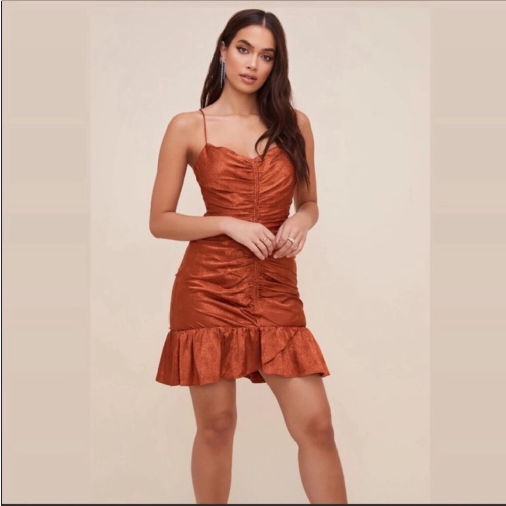 Astr Rust Cinched Ruffle Dress - image 3